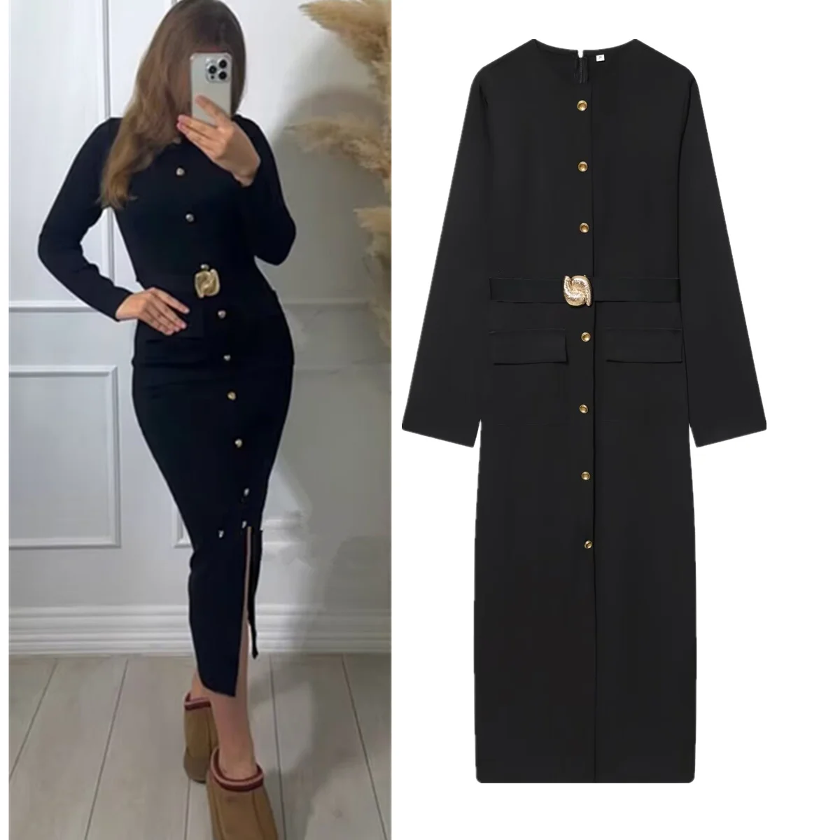 

Jenny&Dave Minimalist Gold Button Round Neck Slim Fit Black Dress Elegant Party Dresses Womens Dresses Midi Dress For Woman Vest