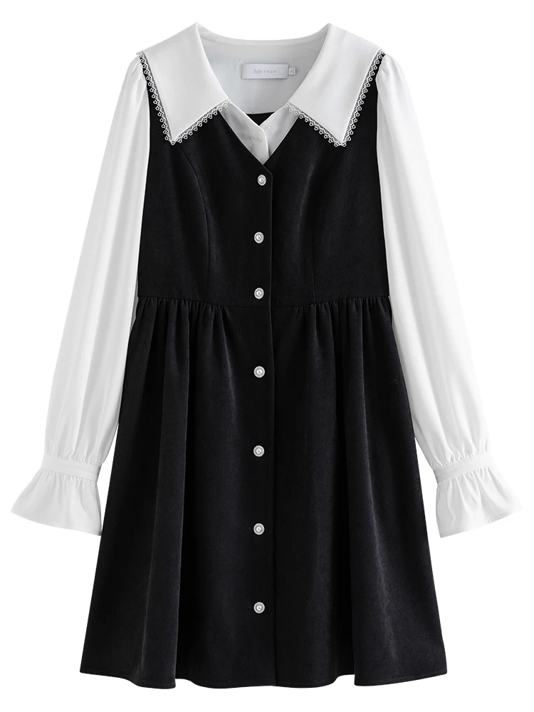 FSLE Turn-down Collar Women Black White Patchwork Design Knee-Length Dresses Puff Sleeve Sweet Female A-LINE Dress