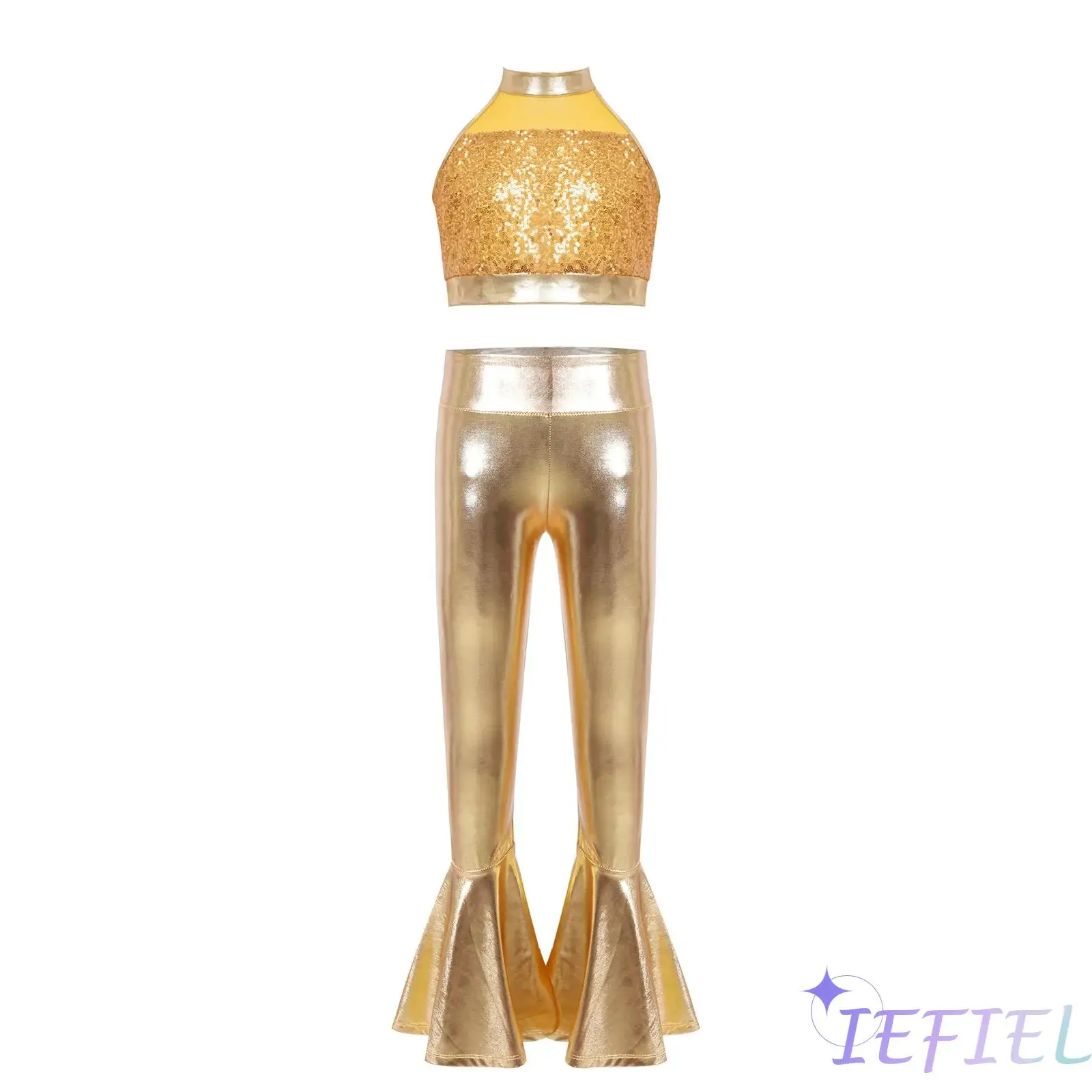 Sparkly Sequins Jazz Outfit for Kids Girls Sleeveless Keyhole Back Crop Top with Elastic Waist and Metallic Bell Bottom Pants