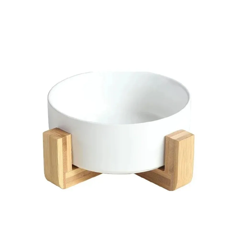 Cute Cat Bowl Ceramic Double Bowl Water Bowl Integrated Wooden Frame for Cervical Protection High Legged Dog Bowl  Water Bowl