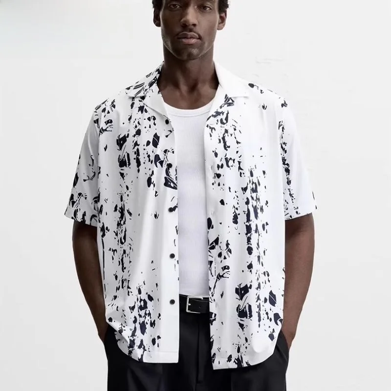 

Summer 2025 Men's Casual irt White Le Print Elastic ort Sve Loose Fit Regular Thin Flip Collar No Brand