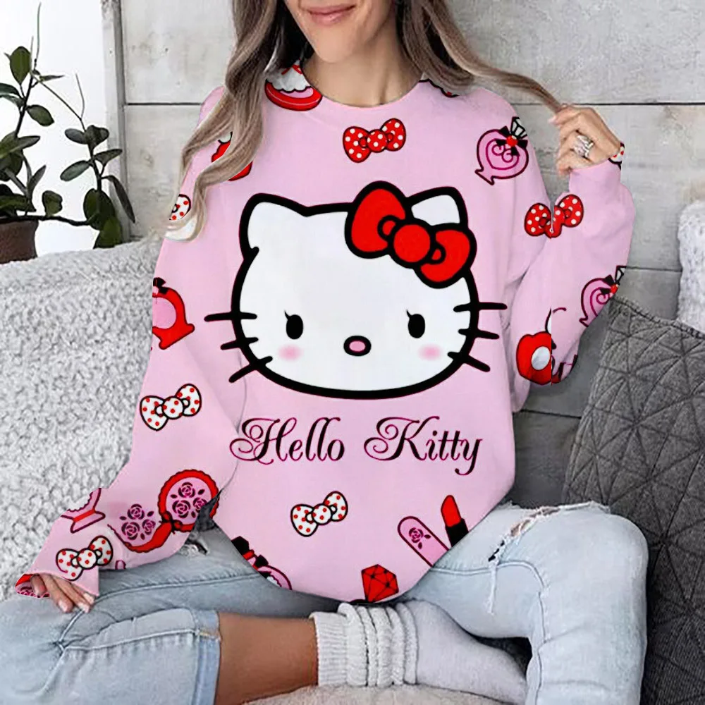 Street casual women\'s sportswear Hello Kitty Kuromi cartoon print hoodie, loose and soft pullover sweater, round neck woolen swe