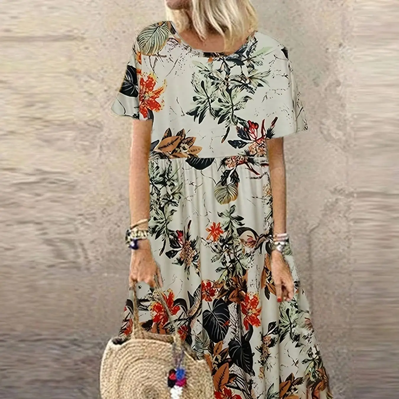 2024 Neues Kleid mit Retro-Blumendruck, kurze Ärmel, Rundhalsausschnitt, neu