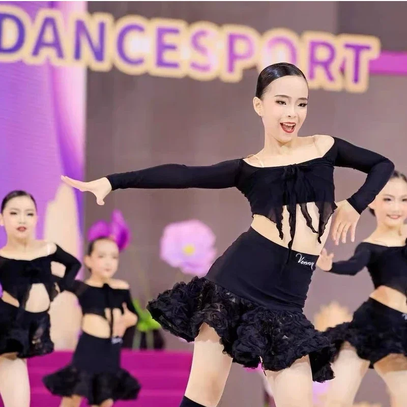 

Latin Dance Practice Outfit Autumn and Winter Camisole Long Sleeved Butterfly Bow Petal Half Skirt Set for Girls