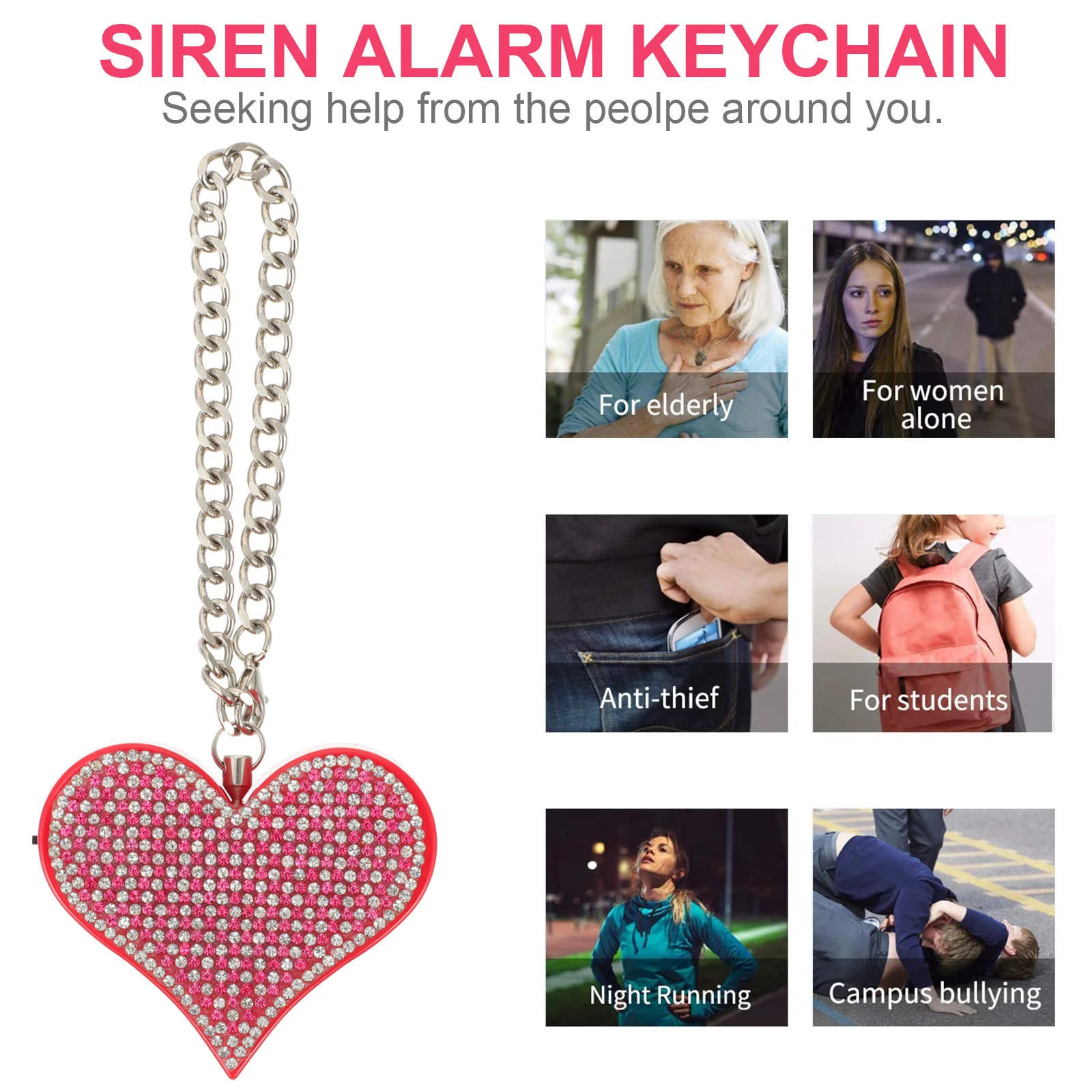 Mini alarma Personal portátil en forma de corazón para mujer, llavero de sirena compacto, sonido fuerte de seguridad de emergencia para corredores de niñas