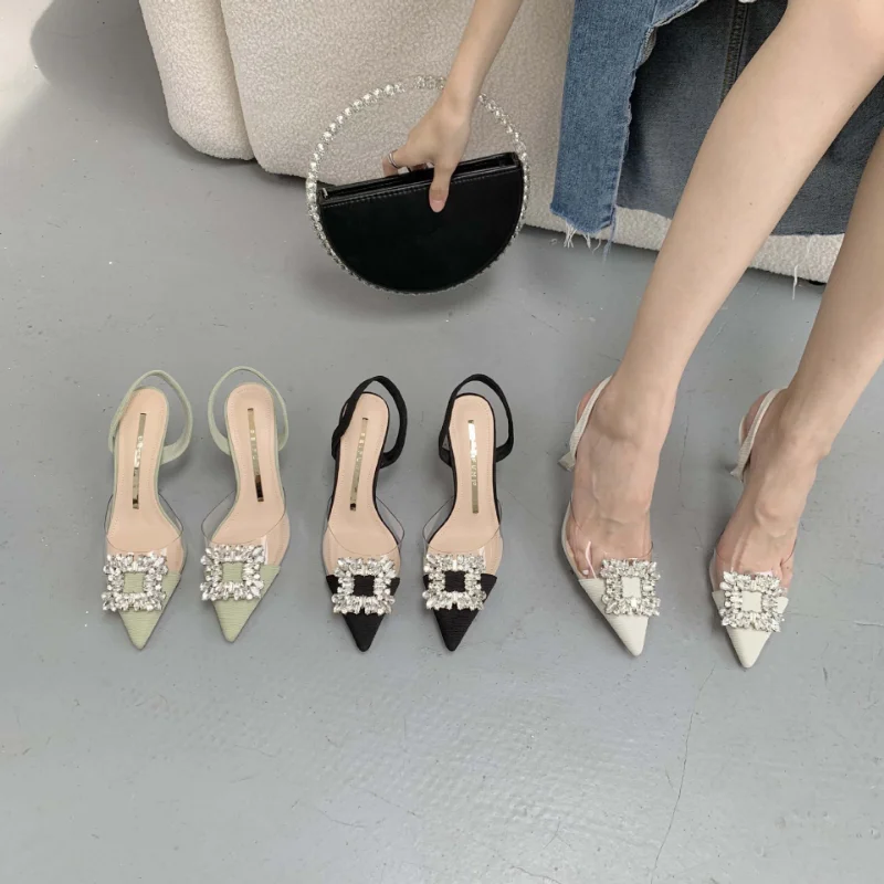 Fashion Baotou Half Slippers for Women 2023 Summer New Outdoor Rhinestone Pointed Thick Heel High Heel Sandals Zapatos De Mujer