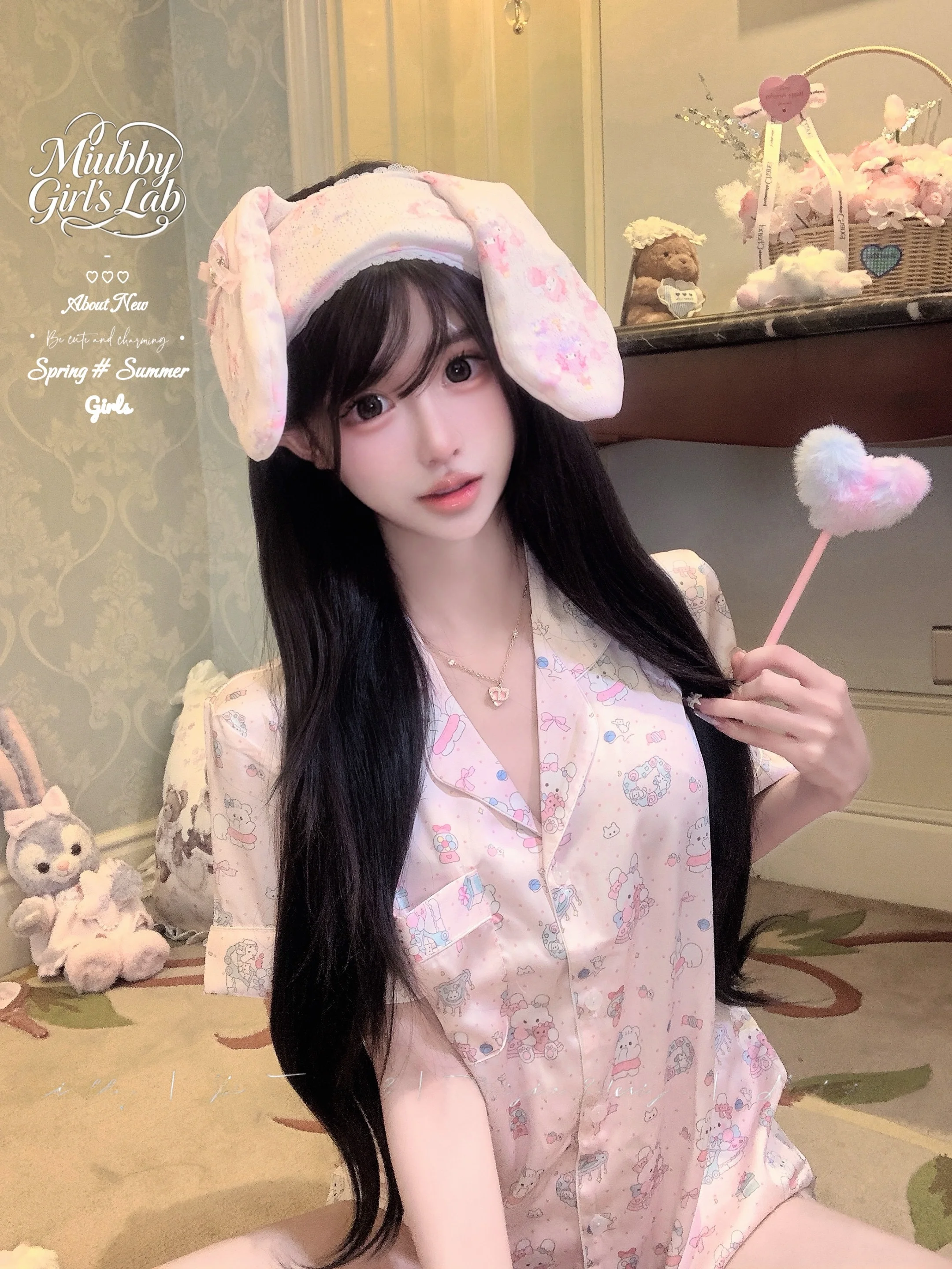 Miubby Sakura Pink Milk Rabbit Japanese Sweet Ice Silk Home Clothes 2026 Summer Cartoon Short Sleeve Sleepwear Three-piece Set