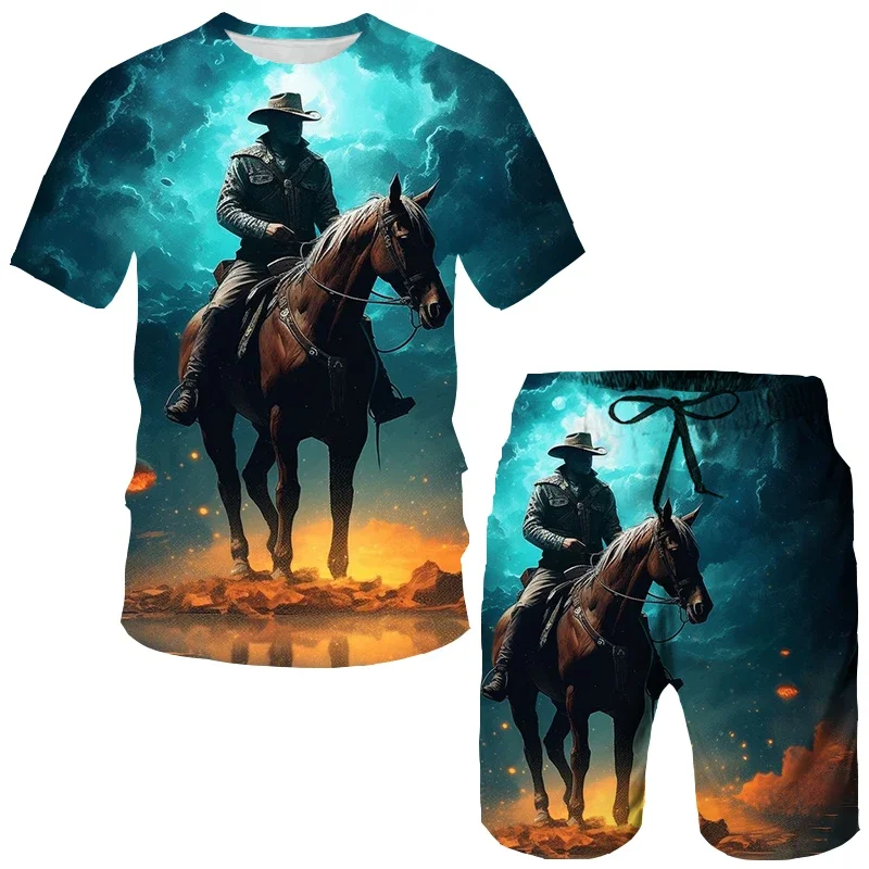 Summer Men's Tracksuits Cowboys Horses 3D Printing T-Shirts Shorts Sets Oversized Short Sleeve T-Shirt Pants Set Suits Clothing