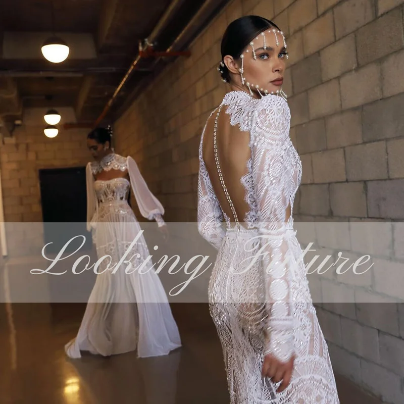 Boho Backless Wedding Dresses A-Line Long Sleeves Floor Length Robe De Mariee Sexy High Side Slit Beach Simple 2025 Customized