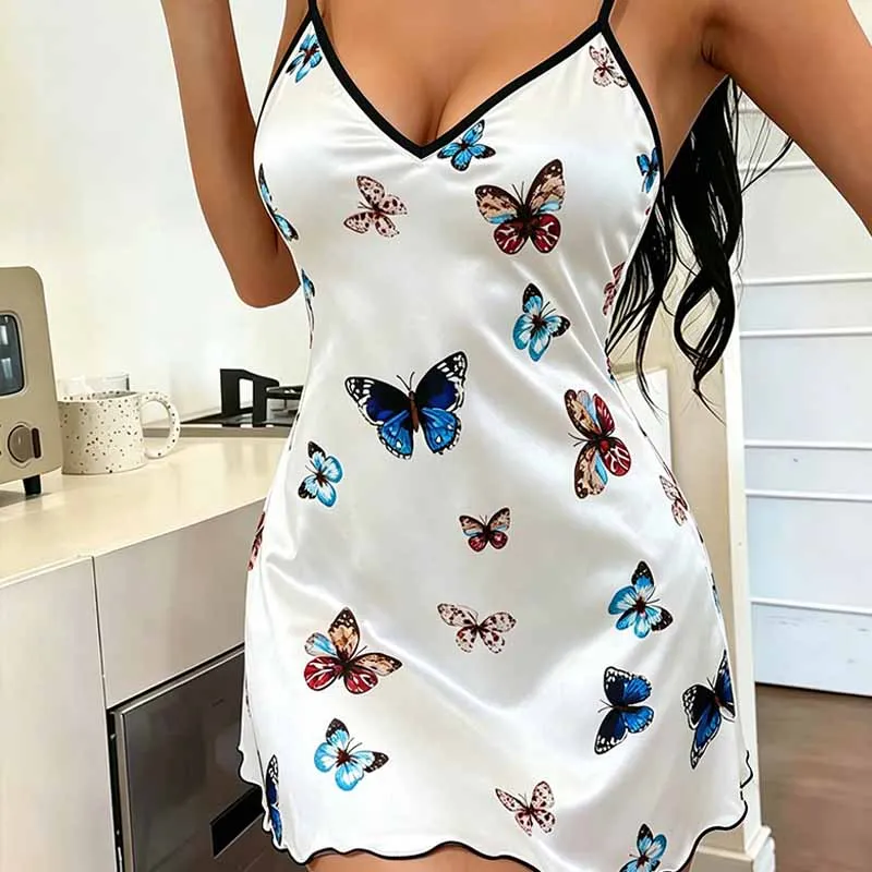 Women Newest Butterfly Print Nightgown Comfy Intimate Lingerie Homewear Spaghetti Strap Nightdress Casual Loose Loungewear