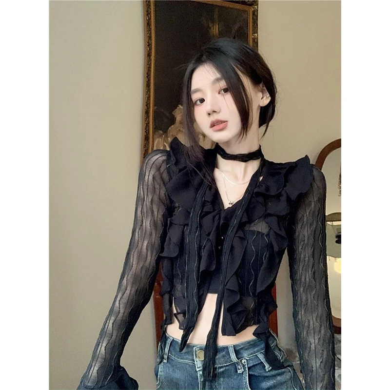 Y2K Cropped Lace Shirts Women Sexy Black V Neck Mesh Sheer Blouses Summer Gothic Vintage Irregular Long Sleeve Cardigan Tops New