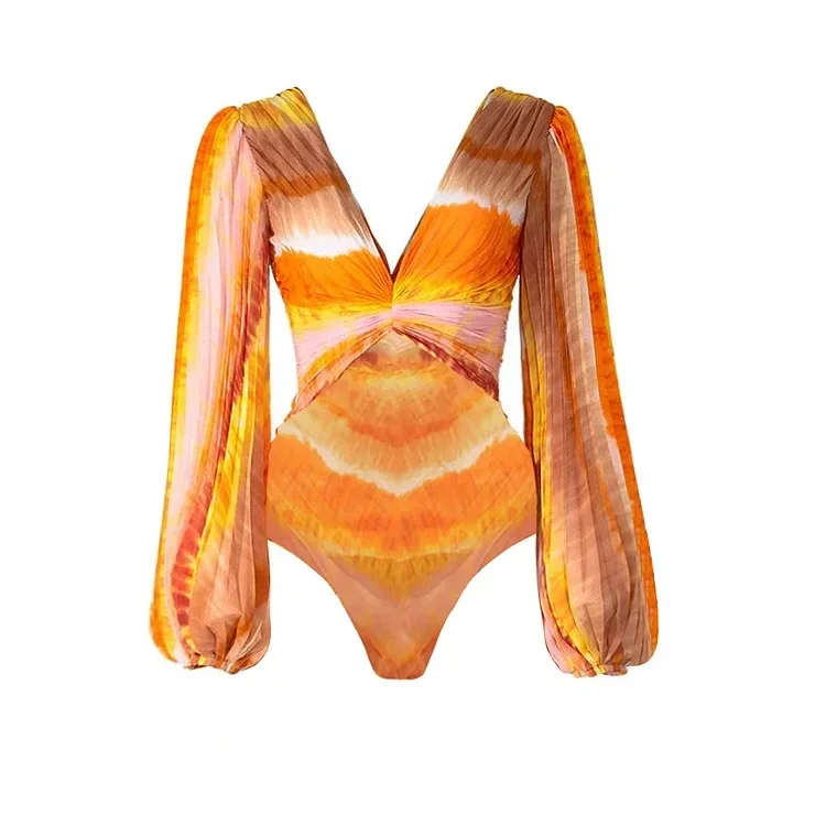 2024 Vrouwen V-Hals Chiffon Lange Mouw Oranje Eendelig Badpak En Rok Strandbadkleding