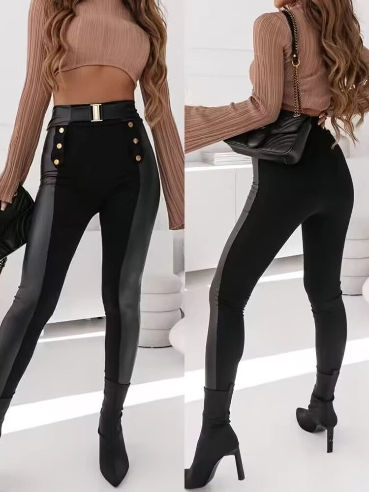 Sexy Pencil Pants Women Casual High Waist PU Leather Patchwork Elastic Waist Skinny Spring&Autumn Black Pants Woman Trousers