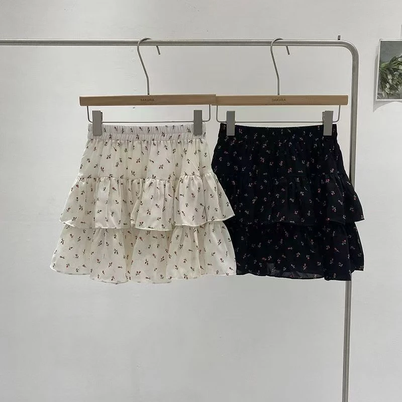 

French Sweet Floral Ruffles High Waist Tiered Midi Skirt Women Summer Flared Puffy Double Layer Slimming Elegant Casual Dresses