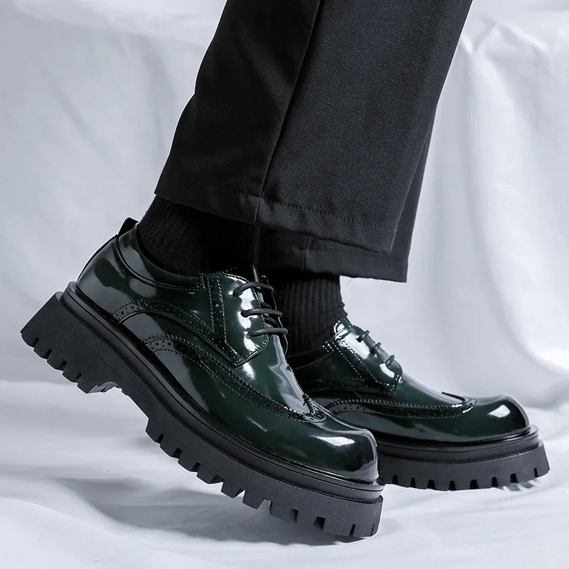 men luxury fashion party nightclub dress original leather shoes lace-up platform derby shoe black green carved brogue footwear