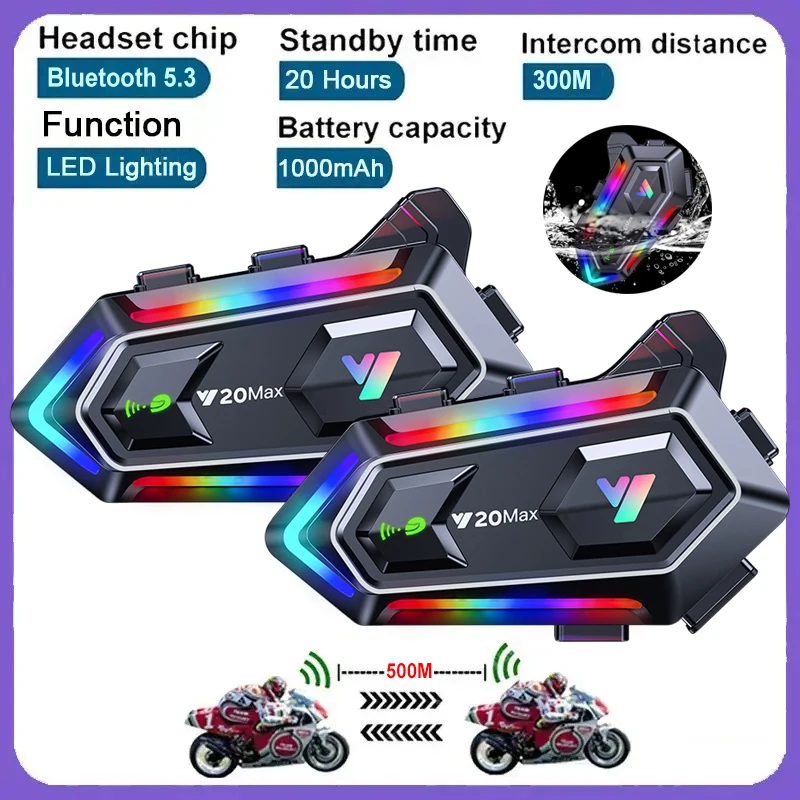 1/2pcs Y20 Max Motorcycle Helmet Headset Helmet Intercom, Bluetooth 5.3 Intercomunicador, Built-in 300mAh Battery with RGB Light