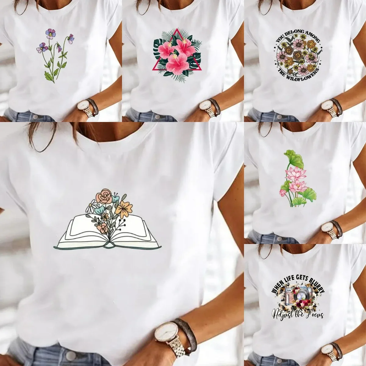 

Flower Books Short Sleeve Casual Ladies Fashion Female Graphic Tee Women Love Heart Watercolor Sweet Print T-shirts Daily Wear