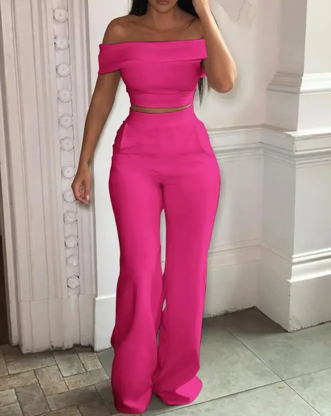 Women's New Style Wear Off The Shoulder Short Sleeved Top and High Waist Pocket Pants Solid Color Fashion Ladies Set