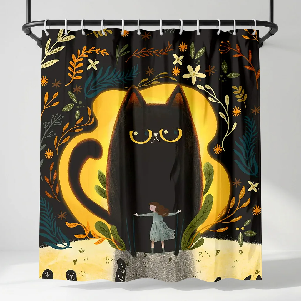 

Giant Black Cat & Little Girl Shower Curtain, Whimsical Forest Floral Bath Decor, Cute Fairy Tale Illustration Bath Curtain
