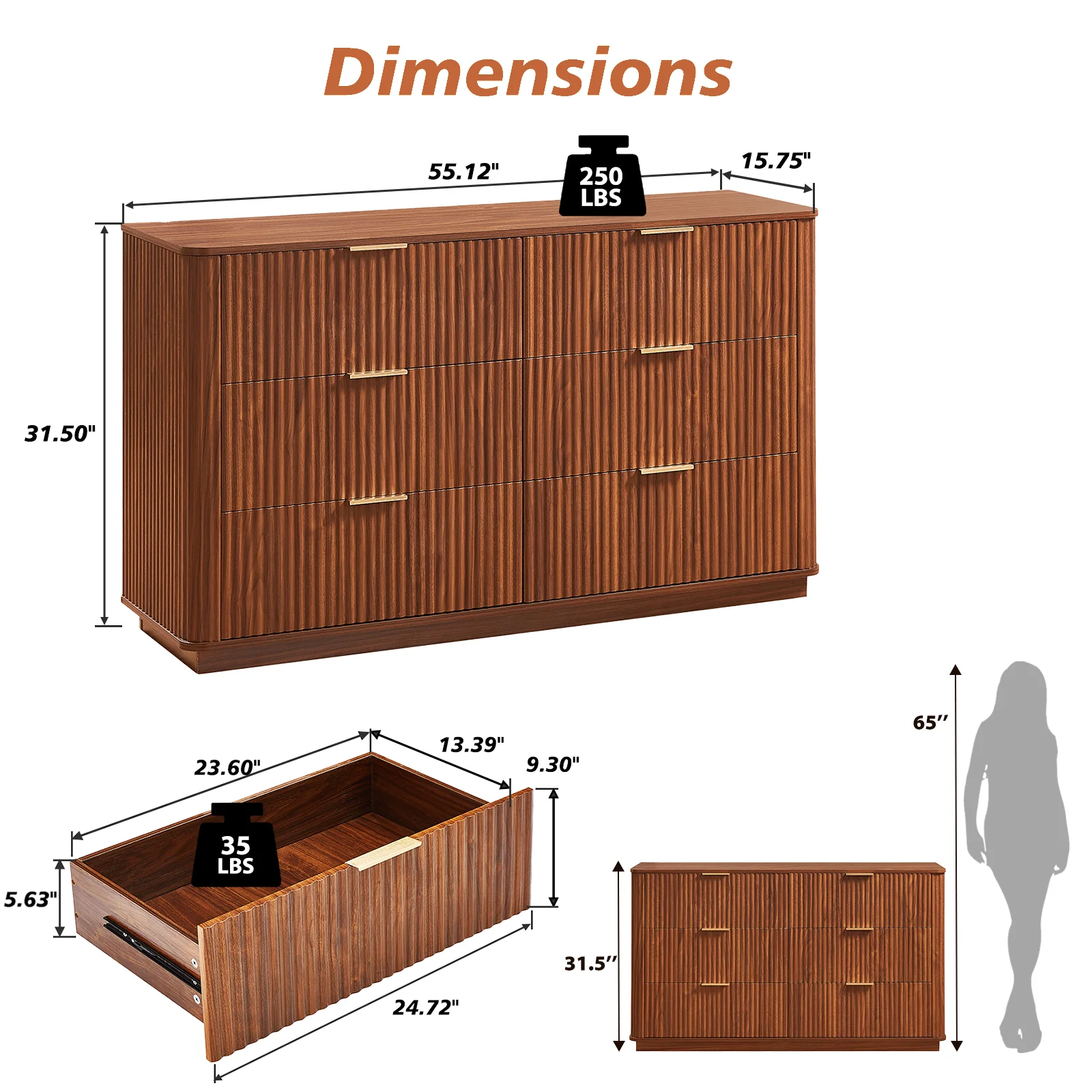 Fluted Dresser for Bedroom with 6 Drawers, 56