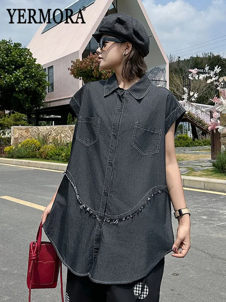 

YERMORA Black Burr Big Size Denim Casual Blouse For Women Lapel Sleeveless Loose New Shirt Fashion Tide Spring Summer 2026