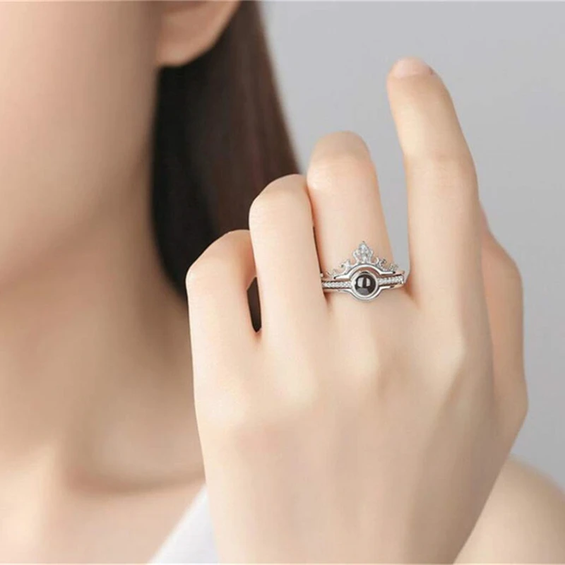 Cincin foto kustom proyeksi pribadi cincin Aku mencintaimu cincin 100 Bahasa janji berbentuk mahkota cincin hadiah untuk kekasih wanita