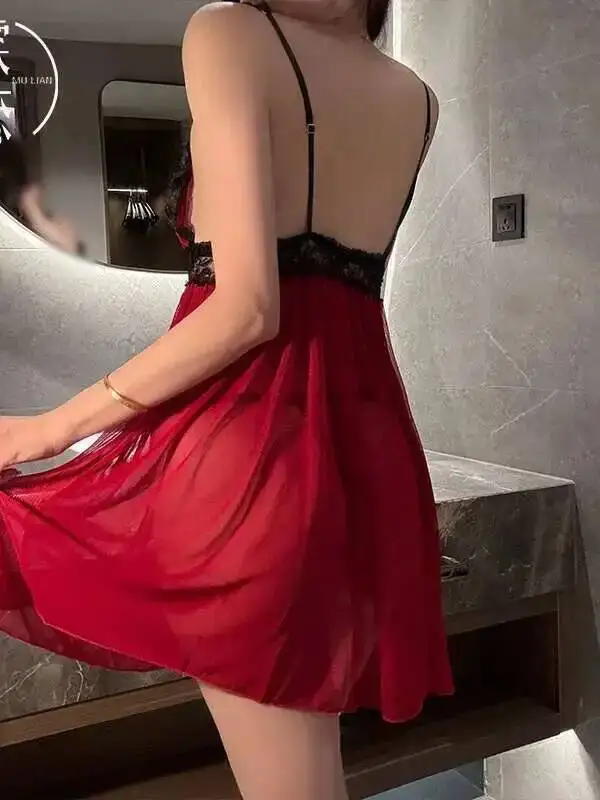 Exótico doce tanque mini vestido sexy renda halter camisola profunda decote em v renda vermelho doce sem costas vestido de malha elegante y0u8