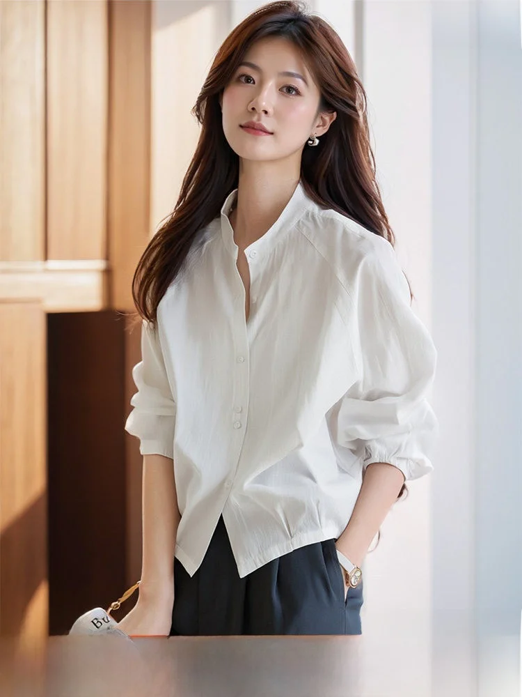 

Women's Casual Sle irt Collar Design Spring Autumn New Commute Versatile Pleated Texture Button Long Sve ort Length