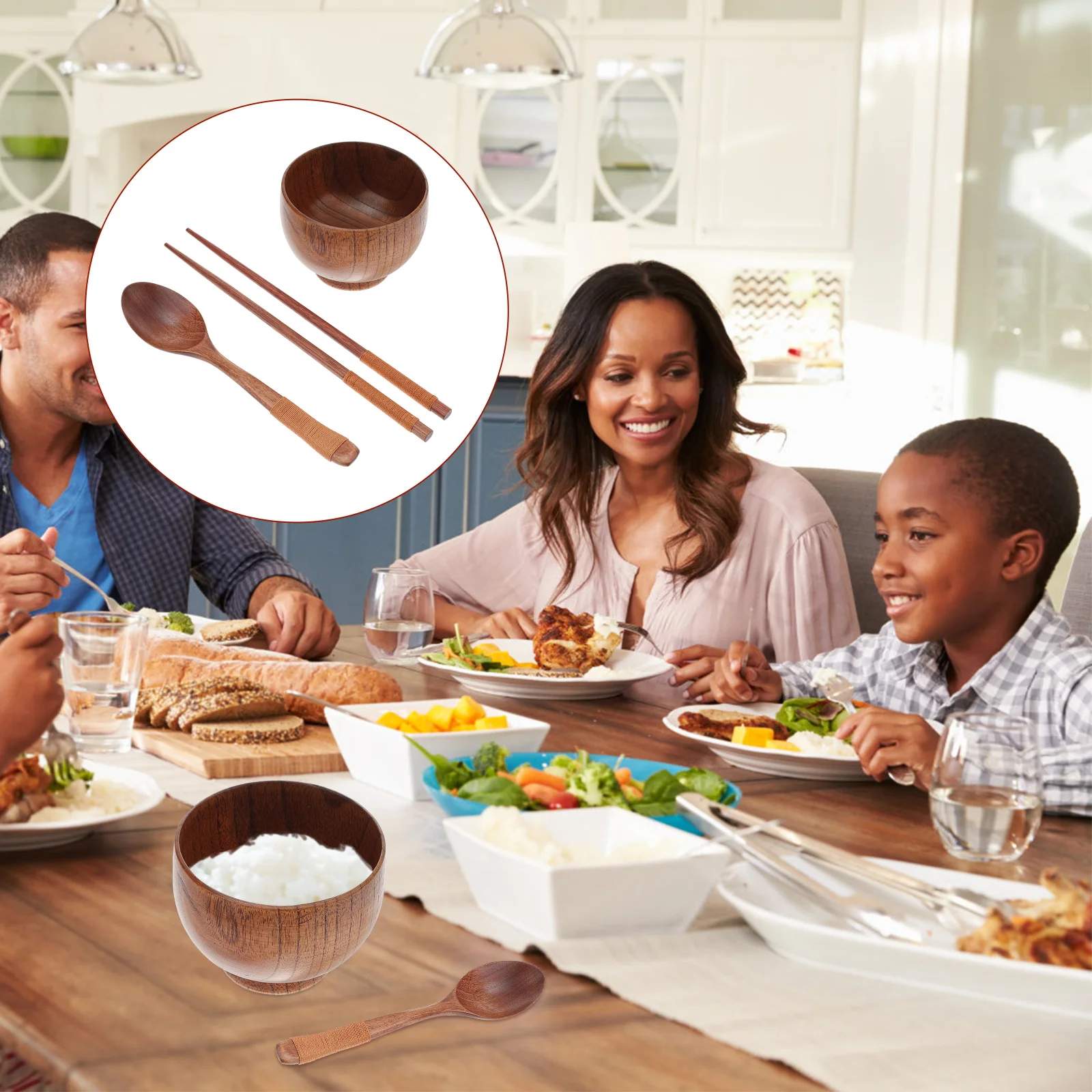 

Wooden Bowl Spoon Set Anti-Drop Eco-Friendly Food Container Japanese Style Home Tableware Soup Rice Serving Bowls
