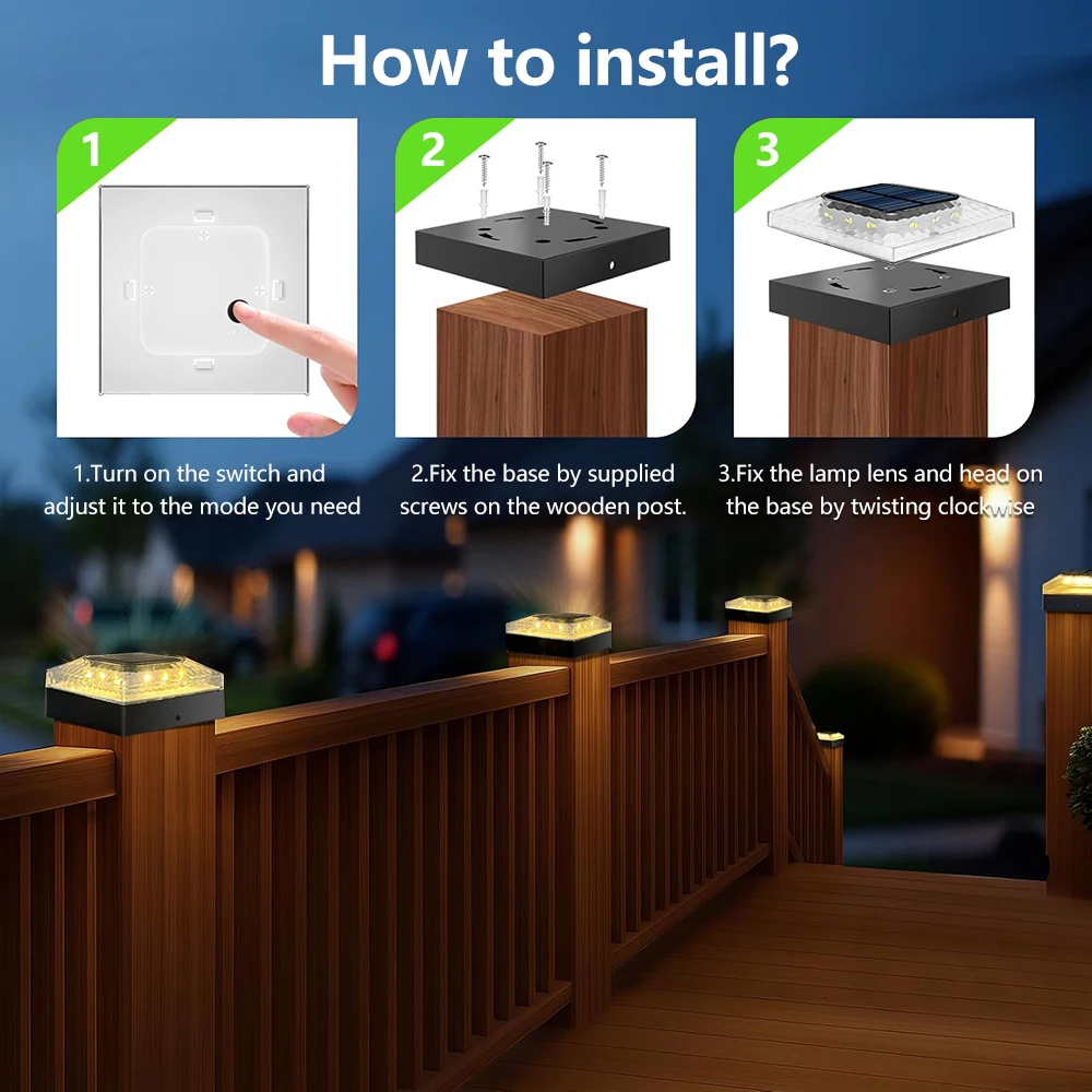 1/4PCS Solar Post Cap Lights Outdoor IP65 Waterproof 3 Color Modes Fence Topper Light For 4x4 Vinyl Wood Post Lighting image 4