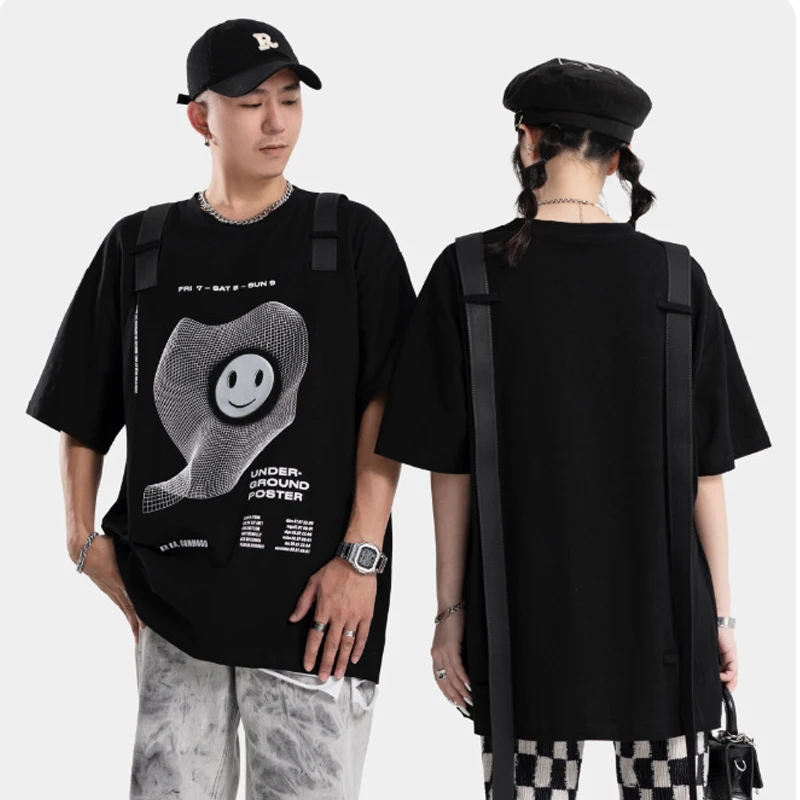 Hip Hop Fashion Print T-Shirt Mens Ribbon Design Loose Short Sleeve T Shirt 2022 Streetwear Cotton Harajuku Tshirt Tops WB781