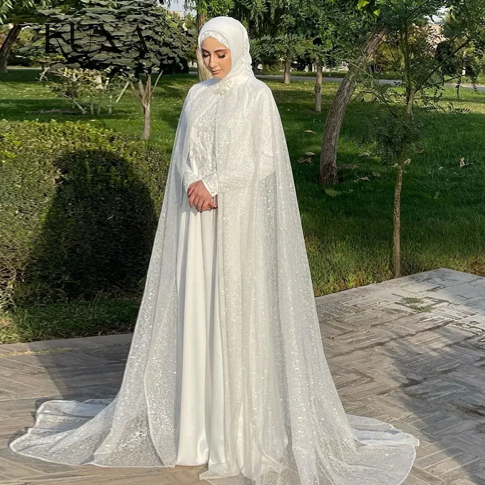 KUXA Maßgeschneiderte elegante muslimische Brautkleider mit Cape, Stehkragen, langen Ärmeln, Paillettenapplikationen, Hijab, Brautkleid, Vestido De Novia