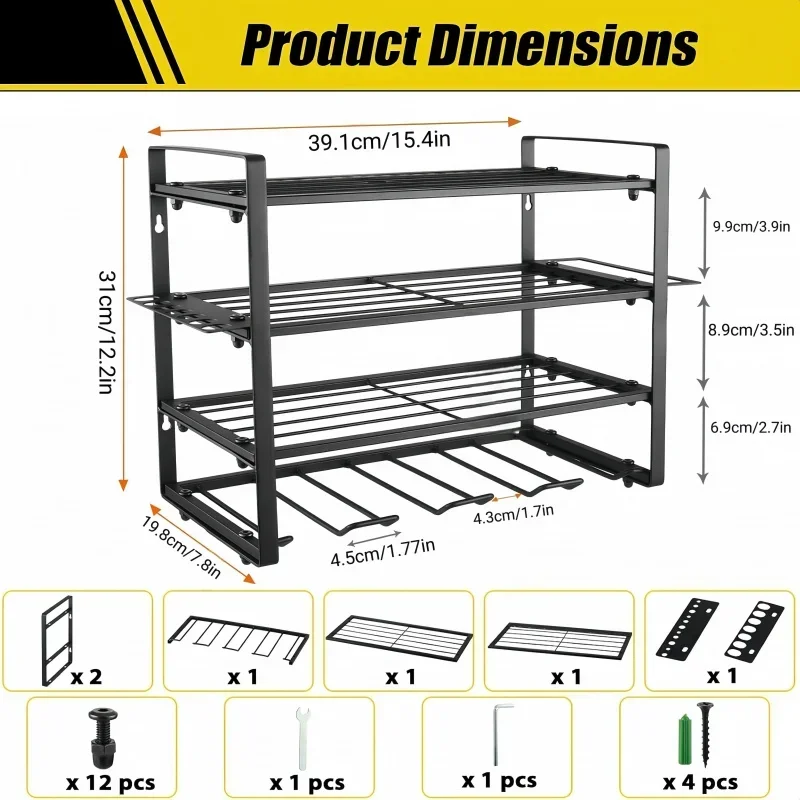 Heavy Metal Electric Tool Organizing Rack，Wall-Mounted，Garage Storage Rack with Screwdriver and Hammer Holder，Home Workshop Indu