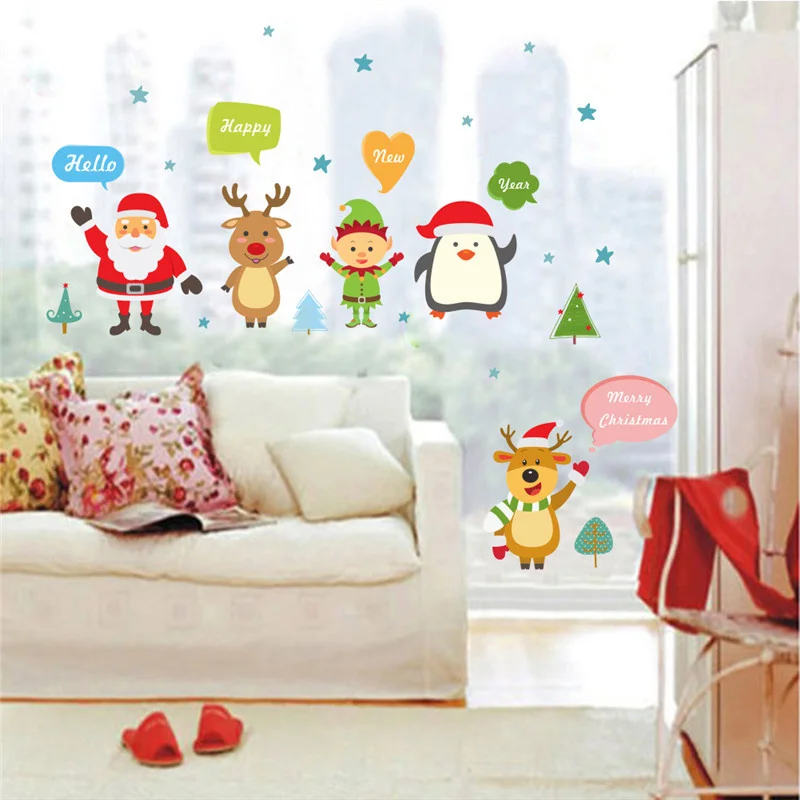 Cartoon Father Christmas Reindeer Penguin Celebrate Christmas Wall Sticker For Shop Home Decoration Xmas Festival Window Decal