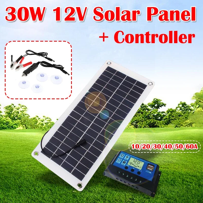 

Solar Panel Kit Complete 30W 12V Dual USB Output Solar Cells Poly Solar Board 10-60A Controller Outdroor Battery Power Charger