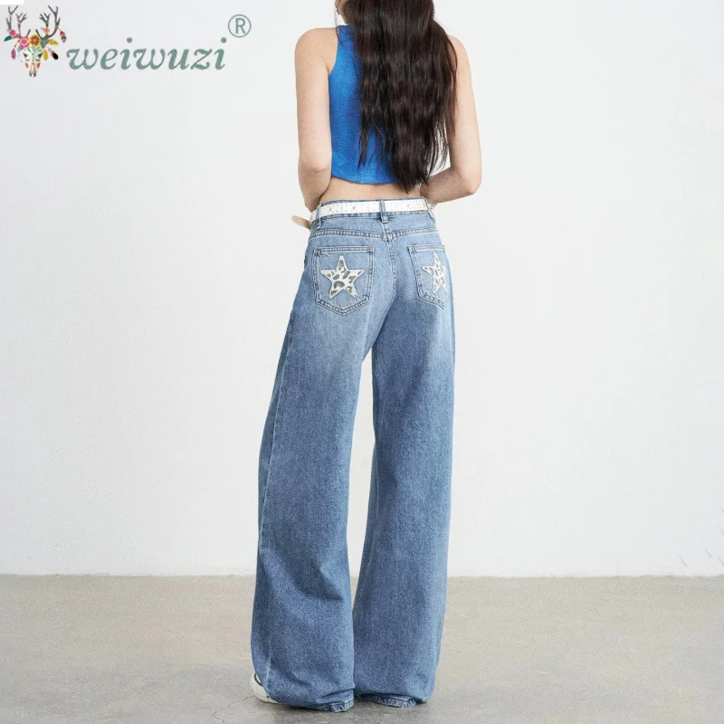 Korean‑Style Y2K Women Low Rise Vintage Pants Expansive Straight Wide Leg Shape Leopard Star Pocket Ornamentation Casual Jeans