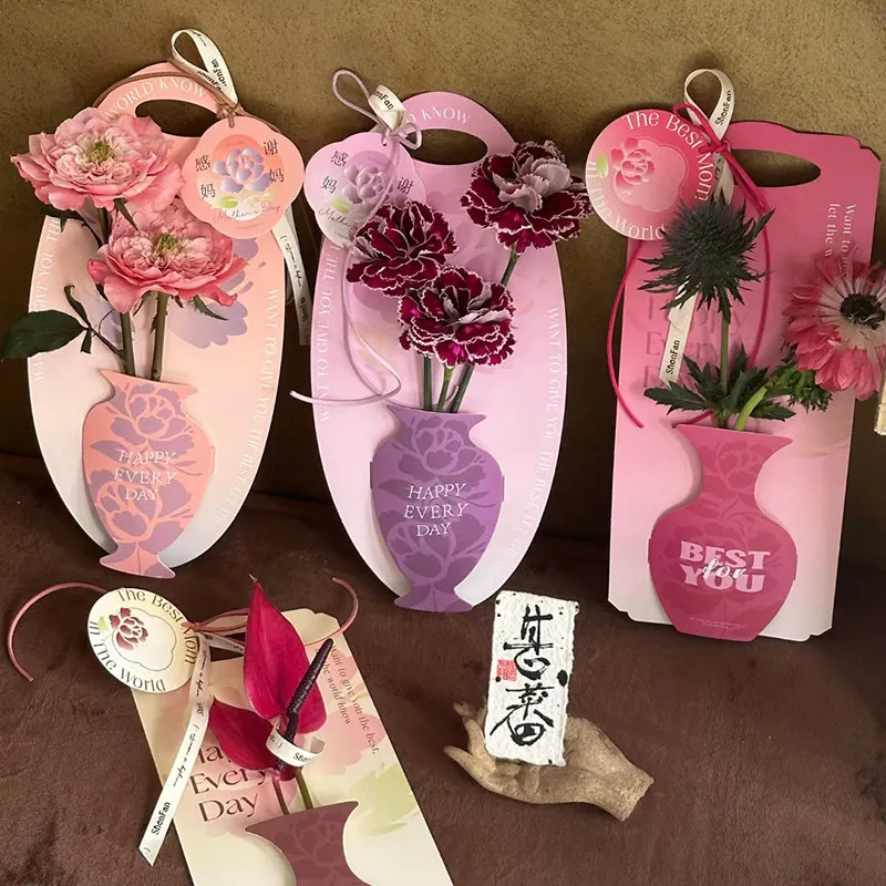 20pcs Single Flower Box Card Vase Style Flower Tote Bag Bouquet Packing Box Greeting Card festival Handbag Carrying Bouquets