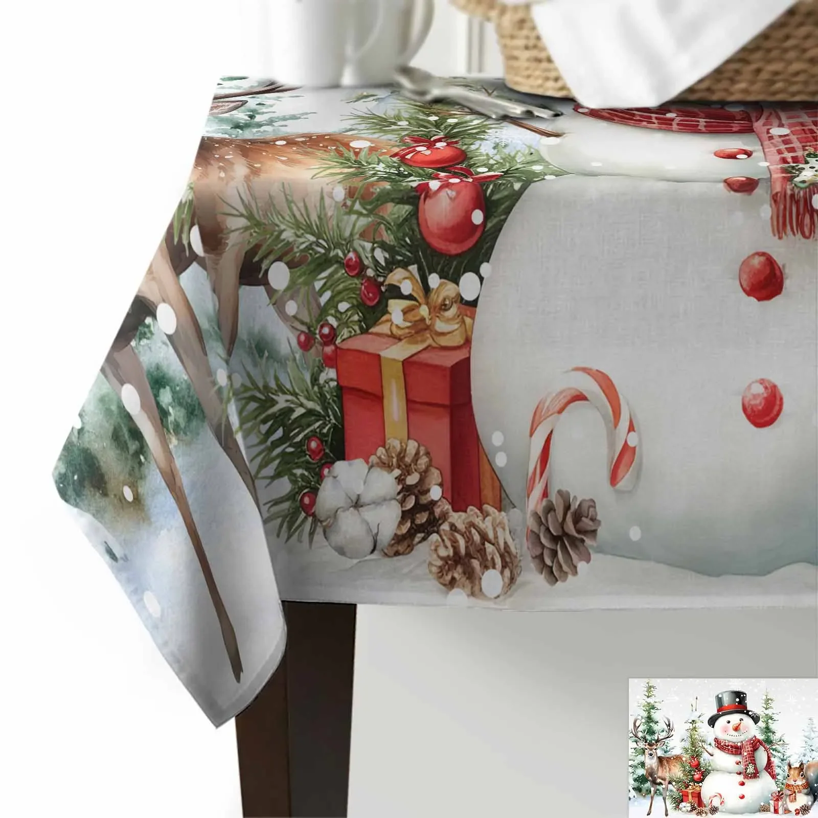 Christmas Snowman Berry Squirrel Tablecloth Holiday Dining Table Decor Table Cover Rectangular Wedding Decoration Tablecloth