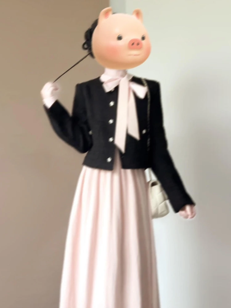 

Розовый длинный комплект для женщин: модный, элегантный, осенний, новый, в стиле «нежный ветер», с завышенной талией, из полиэфирного волокна