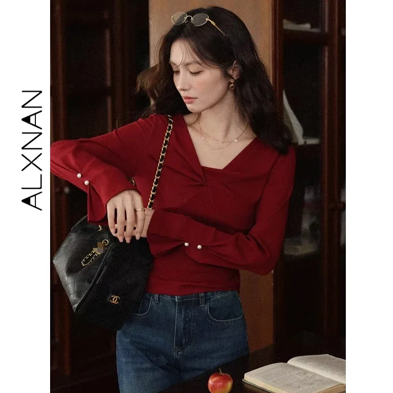 เสื้อสเวตเตอร์ผู้หญิงไซส์ใหญ่ ALXNAN สีแดง แต่งโบว์ ประดับมุกที่ปลายแขน แขนบาน สไตล์วินเทจ สำหรับฤดูใบไม้ร่วง แขนยาว รุ่น D12535-3