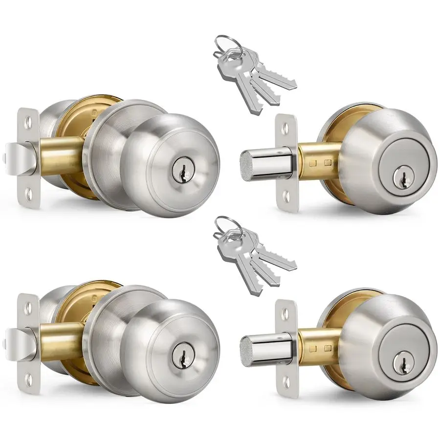 

Sets Entry Door Knob and Single Cylinder Deadbolt Combo Set, Keyed Alike Round Ball Satin Nickel Exterior Door Knobs with Lock a
