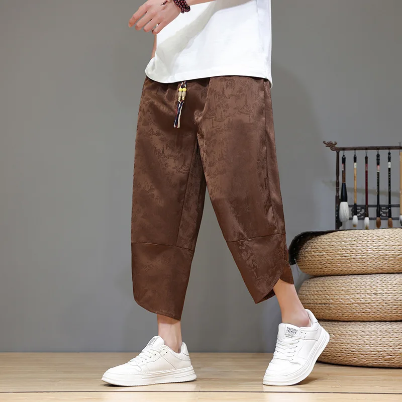 New Chinese Style Dark Flower Ice Silk Capris for Men's Summer Thin Loose Casual Pants, Oversized Beach Radish Pants