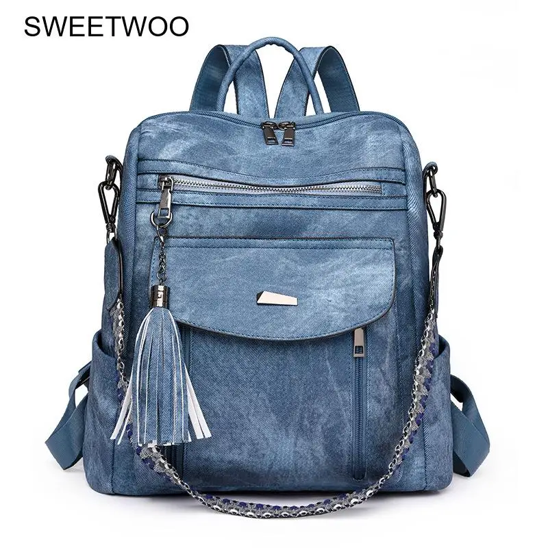 Women Vintage Leather Backpack Multi Pocket Design with Tassel Accent Convertible Shoulder Bag