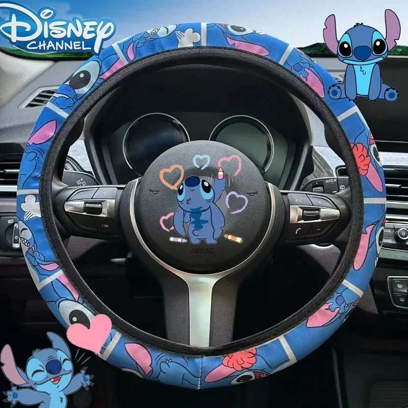 Disney Stitch 15in Steering Wheel Cover Kawaii Lilo & Stitch Anime Figure Universal Car Accessories for Steering Wheel Protector