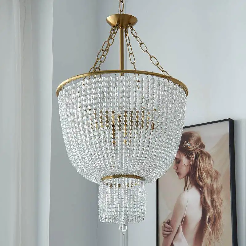 Modern Gold Crystal Chandelier Luxury White Wooden Beads Drum Hanging Pendant Light for Living Room Dining Room Bedroom Foyer