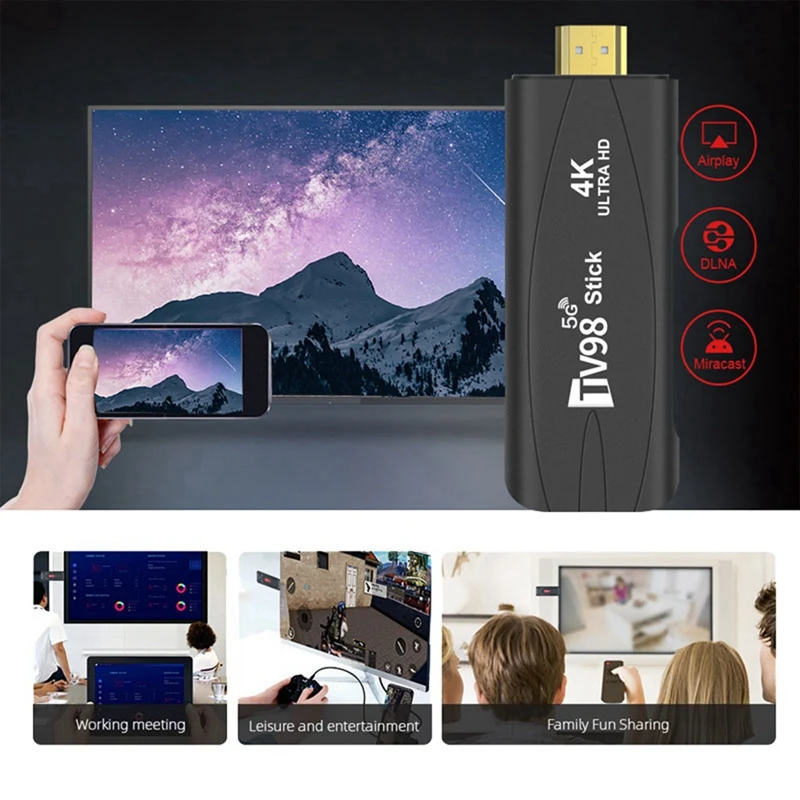 TV98 TV Stick Smart TV Box, 4K, 60Fps, Décodeur, 2G + 16G, Android 12.1, 2.4G, 5G, WiFi, Android, Installation facile, Prise UE