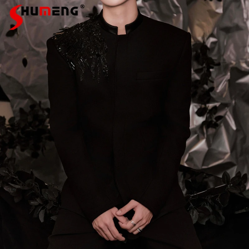 

Модные топы ручной работы с воротником-стойкой из бисера, мужская одежда на четыре сезона 2025 года, новые модные куртки, мужские красивые шикарные пальто с длинными рукавами