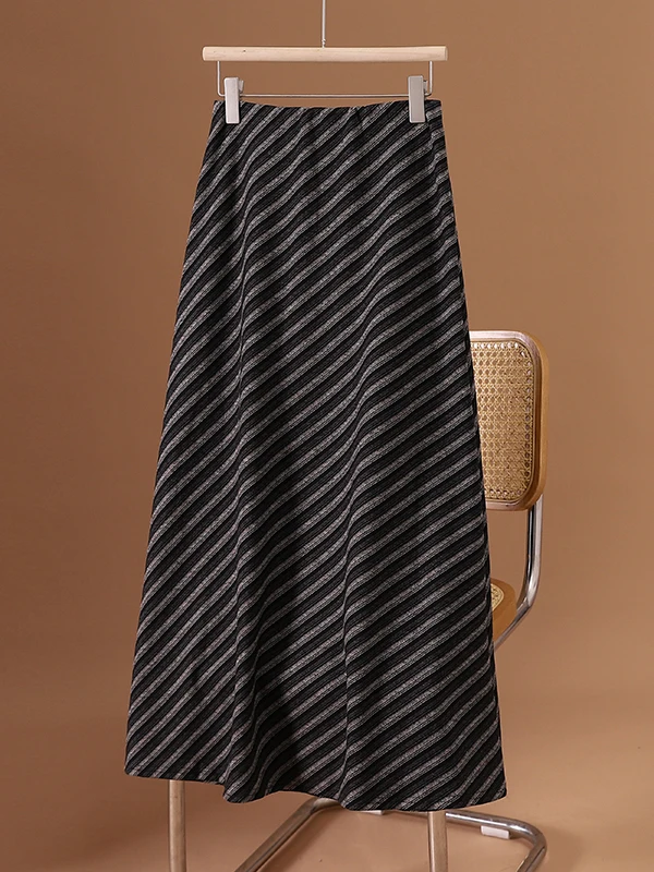 Retro Simple Diagonal Stripe A-Line Midi Skirt Women's Autumn New Style Slimming High Waist Fashionable Youthful Skirt