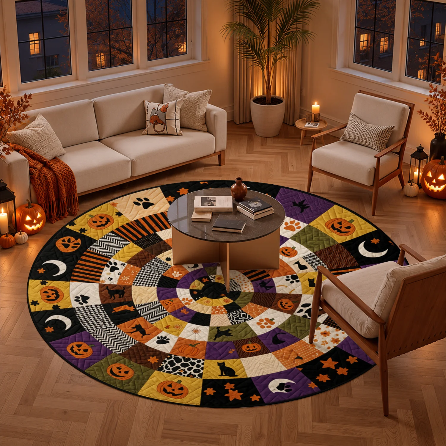Quilted Round Patchwork Decorative Mat, Velvet Fabric, Machine Washable, Stable Placement, For Dining Table, Living Room, Entryway, Ideal for Halloween, Thanksgiving, Christmas, New Year, Black Friday, Cyber Monday Home Decor Accent