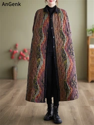 Winter Cotton Coat Ethnic Style Long Sleeved Single Breasted Women Patchwork Casual Loose Medium Length Wide-waisted Outerwear